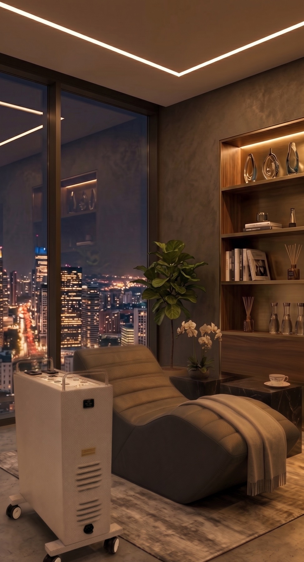 The pearl-white Pulse XL Pro beside the ZGrav zero-gravity lounger in a penthouse lounge overlooking the city at night