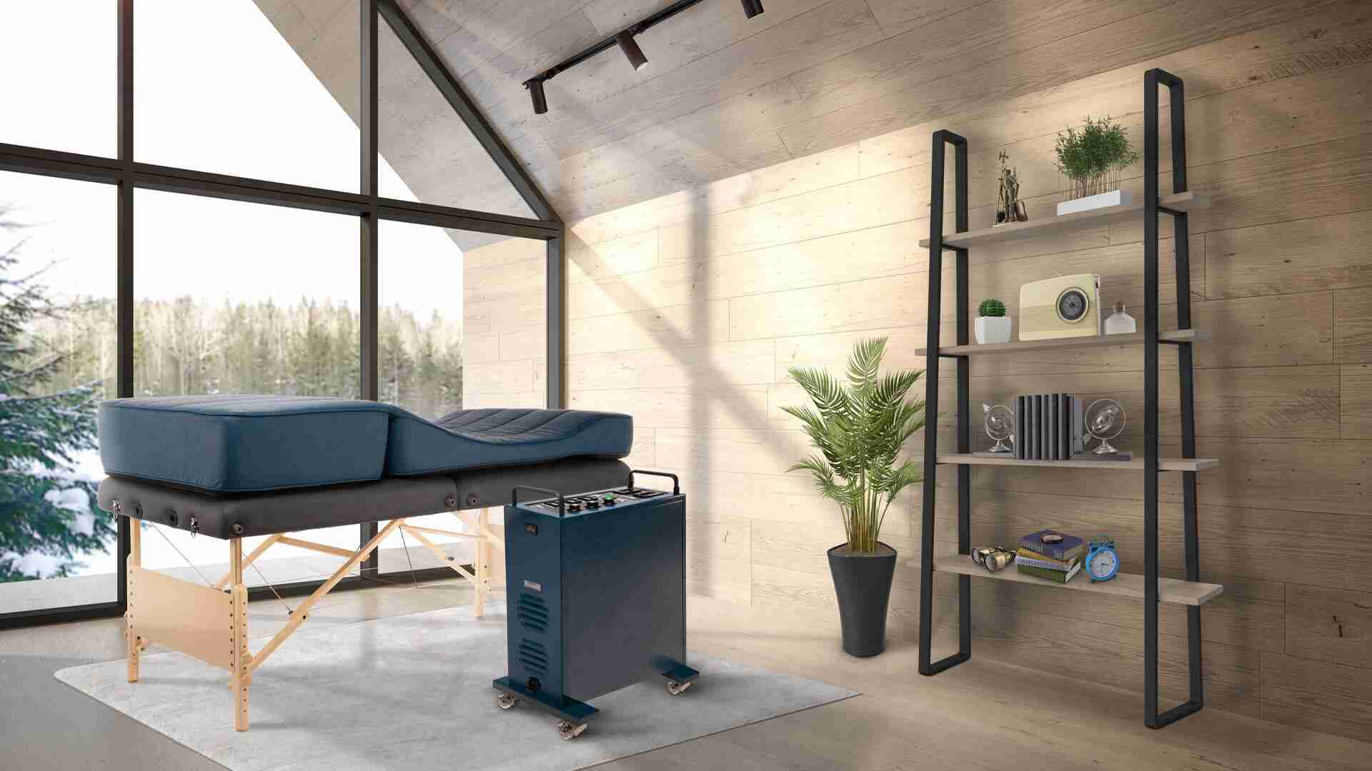 Pulse XL Pro and therapy table in a sunlit private wellness suite