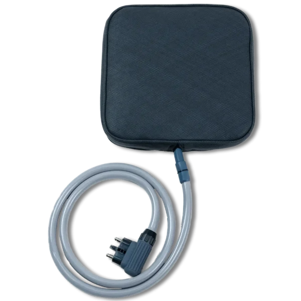 Pulse PEMF square accessory pad in dark navy textured fabric with rounded corners, connected by a coiled gray cable to a three-pin connector, on a white background.