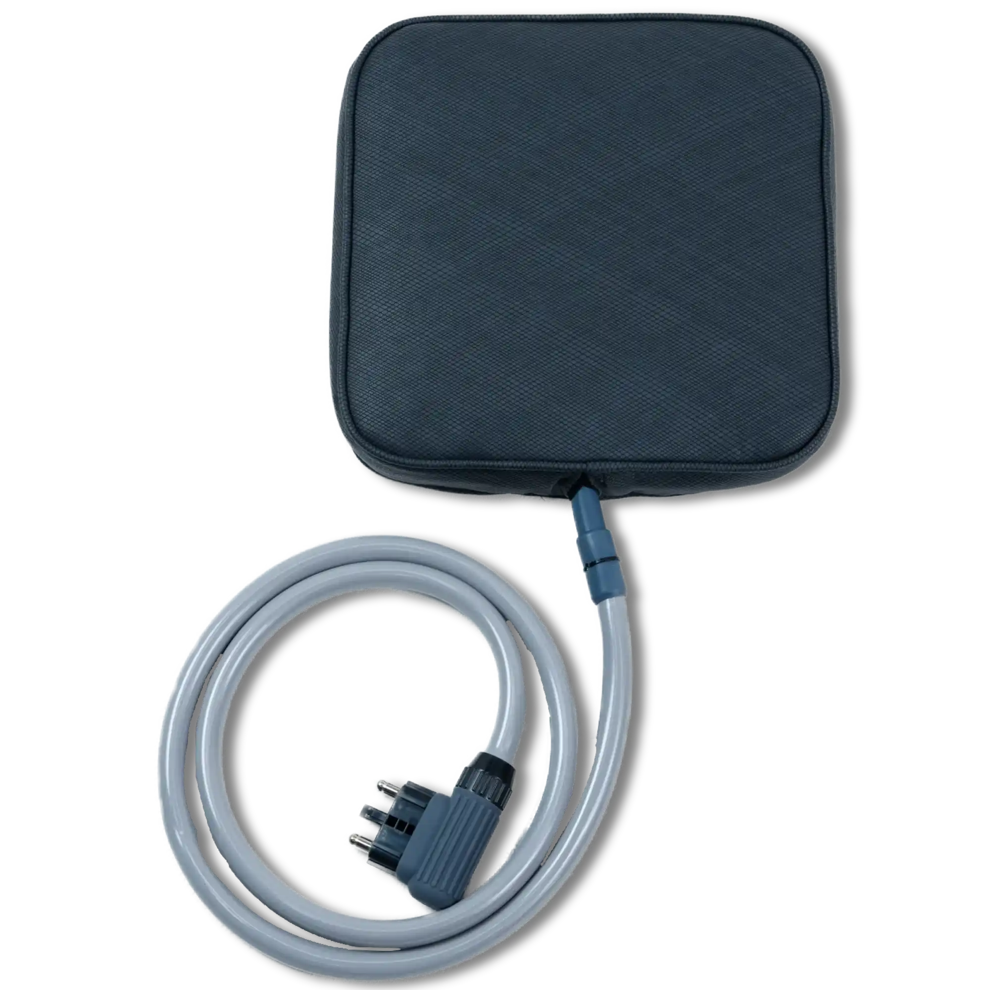 Pulse PEMF square accessory pad in dark navy textured fabric with rounded corners, connected by a coiled gray cable to a three-pin connector, on a white background.