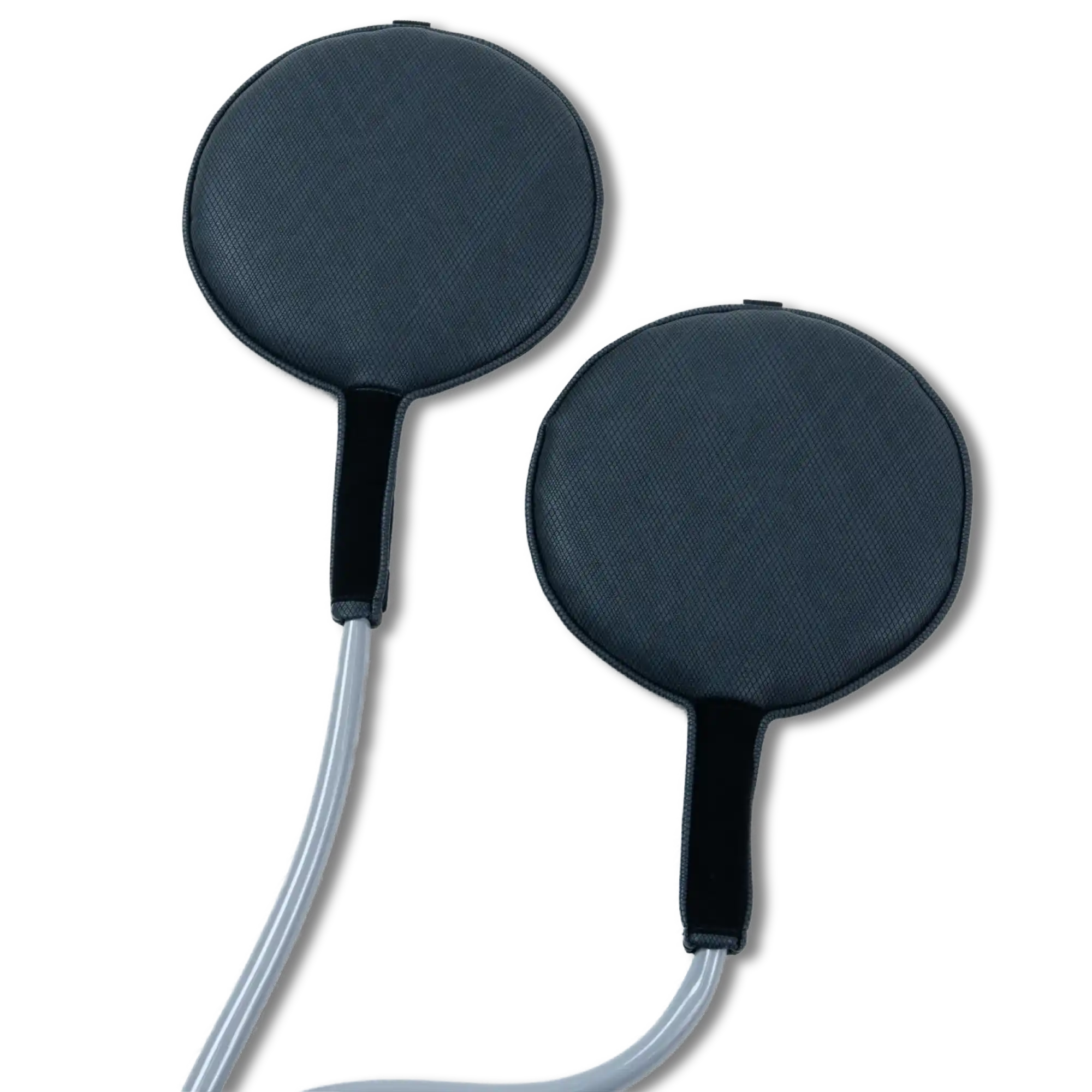 Two Pulse PEMF round paddle accessories in dark navy textured fabric, each a padded circular disc with a short black handle and attached gray cable, on a white background.